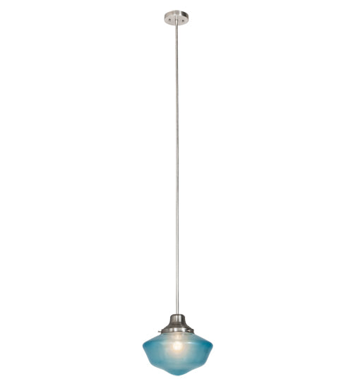 Meyda Lighting Revival 14" Nickel Schoolhouse Pendant Light With Traditional Globe Crystal Blue Shade Glass