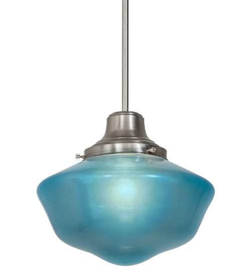 Meyda Lighting Revival 14" Nickel Schoolhouse Pendant Light With Traditional Globe Crystal Blue Shade Glass