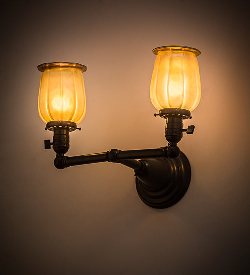 Meyda Lighting Revival 15" 2-Light Craftsman Brown Chelsea Favrile Wall Sconce With Gold & Yellow Iridescent Shade Glass