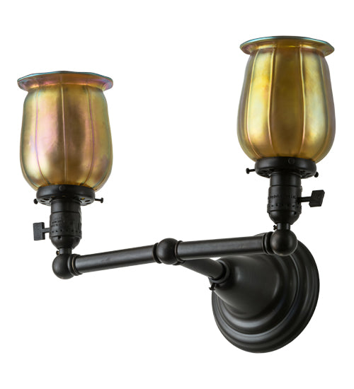 Meyda Lighting Revival 15" 2-Light Craftsman Brown Chelsea Favrile Wall Sconce With Gold & Yellow Iridescent Shade Glass