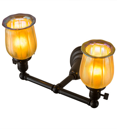 Meyda Lighting Revival 15" 2-Light Craftsman Brown Chelsea Favrile Wall Sconce With Gold & Yellow Iridescent Shade Glass