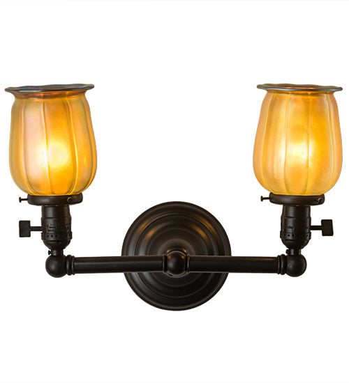 Meyda Lighting Revival 15" 2-Light Craftsman Brown Chelsea Favrile Wall Sconce With Gold & Yellow Iridescent Shade Glass