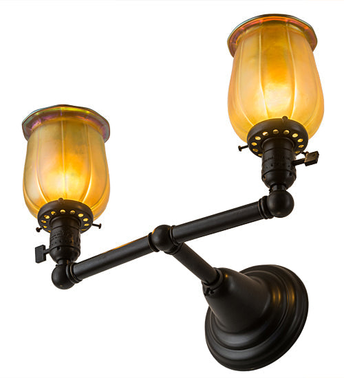 Meyda Lighting Revival 15" 2-Light Craftsman Brown Chelsea Favrile Wall Sconce With Gold & Yellow Iridescent Shade Glass