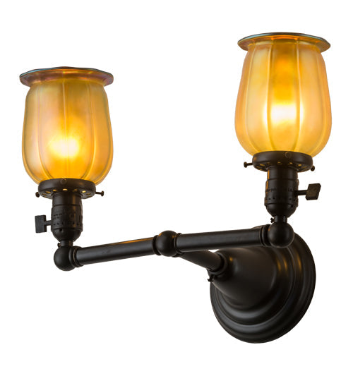 Meyda Lighting Revival 15" 2-Light Craftsman Brown Chelsea Favrile Wall Sconce With Gold & Yellow Iridescent Shade Glass