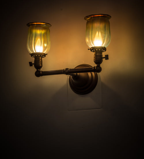 Meyda Lighting Revival 15" 2-Light Mahogany Bronze Chelsea Favrile Wall Sconce With Squash Blossom Shade Glass