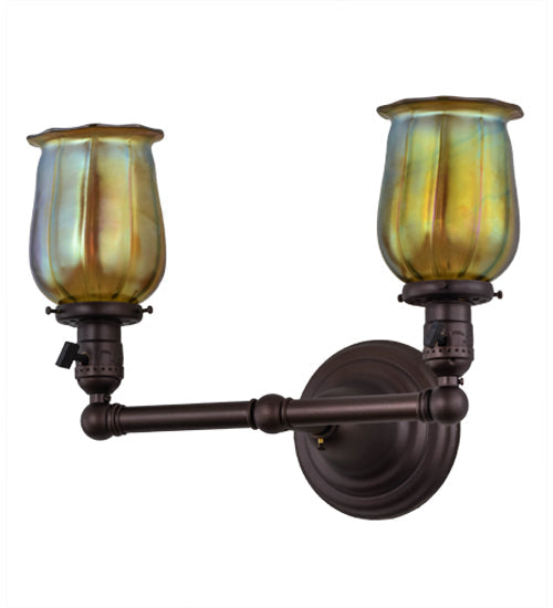 Meyda Lighting Revival 15" 2-Light Mahogany Bronze Chelsea Favrile Wall Sconce With Squash Blossom Shade Glass