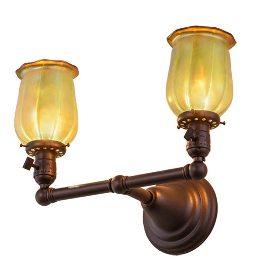 Meyda Lighting Revival 15" 2-Light Mahogany Bronze Chelsea Favrile Wall Sconce With Squash Blossom Shade Glass