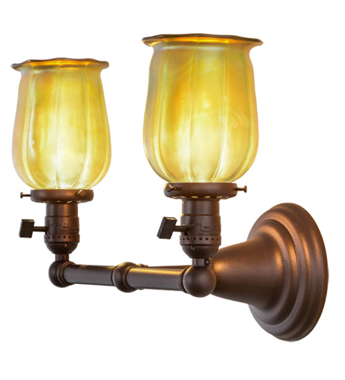 Meyda Lighting Revival 15" 2-Light Mahogany Bronze Chelsea Favrile Wall Sconce With Squash Blossom Shade Glass