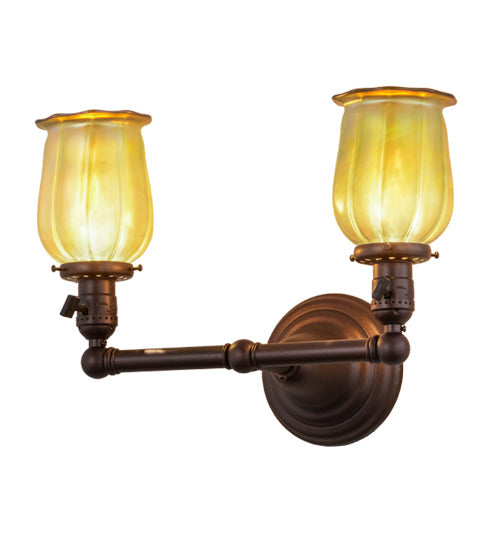 Meyda Lighting Revival 15" 2-Light Mahogany Bronze Chelsea Favrile Wall Sconce With Squash Blossom Shade Glass