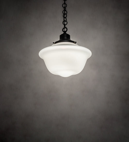Meyda Lighting Revival 16" Textured Black Schoolhouse Traditional Pendant Light With White Opal Globe Shade Glass