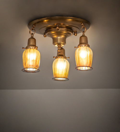 Meyda Lighting Revival 18" 3-Light Brushed Brass Favrile Flush Mount Light With Gold Iridescent Shade Glass