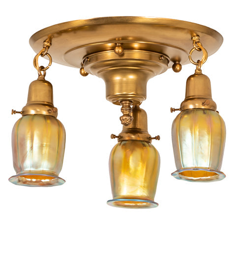 Meyda Lighting Revival 18" 3-Light Brushed Brass Favrile Flush Mount Light With Gold Iridescent Shade Glass