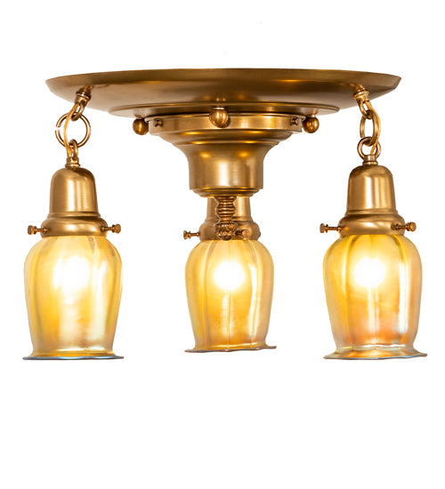 Meyda Lighting Revival 18" 3-Light Brushed Brass Favrile Flush Mount Light With Gold Iridescent Shade Glass