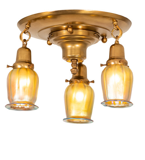 Meyda Lighting Revival 18" 3-Light Brushed Brass Favrile Flush Mount Light With Gold Iridescent Shade Glass