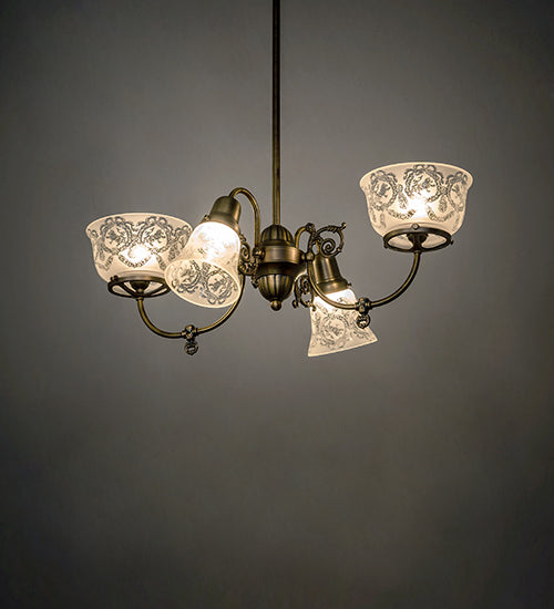 Meyda Lighting Revival 202105 27" 4-Light Antique Brass Gas & Electric Chandelier With Frosted Clear Shade Glass