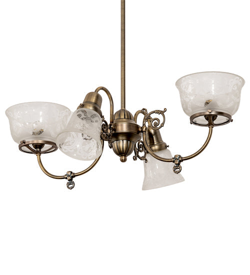 Meyda Lighting Revival 202105 27" 4-Light Antique Brass Gas & Electric Chandelier With Frosted Clear Shade Glass