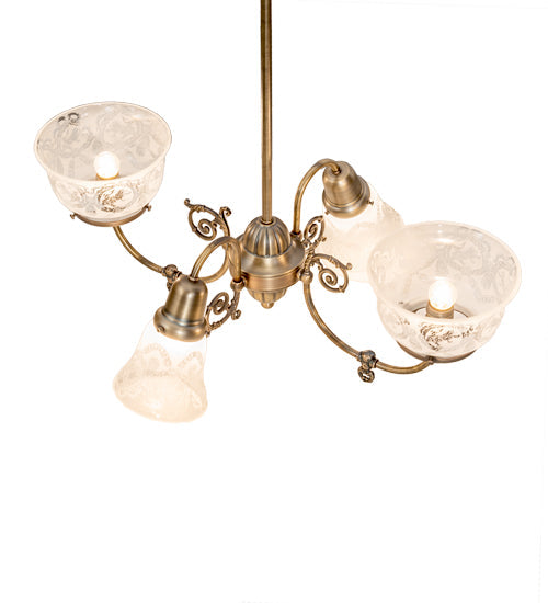 Meyda Lighting Revival 202105 27" 4-Light Antique Brass Gas & Electric Chandelier With Frosted Clear Shade Glass