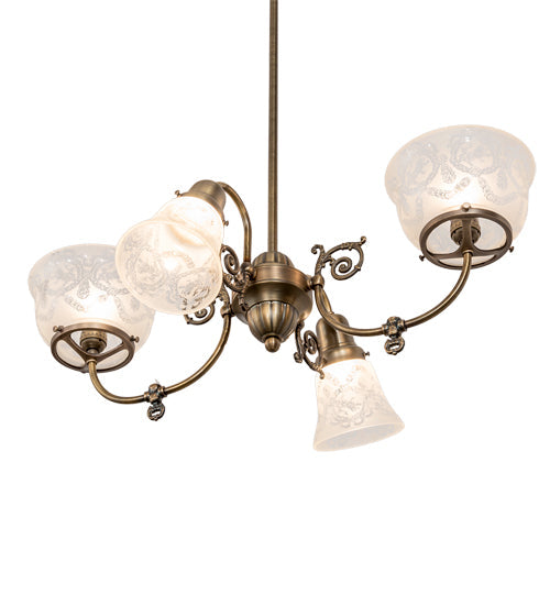 Meyda Lighting Revival 202105 27" 4-Light Antique Brass Gas & Electric Chandelier With Frosted Clear Shade Glass