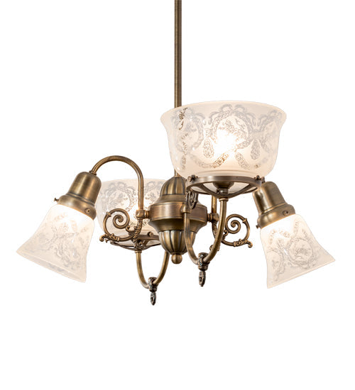 Meyda Lighting Revival 202105 27" 4-Light Antique Brass Gas & Electric Chandelier With Frosted Clear Shade Glass
