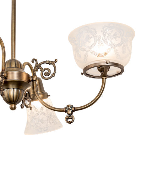 Meyda Lighting Revival 202105 27" 4-Light Antique Brass Gas & Electric Chandelier With Frosted Clear Shade Glass
