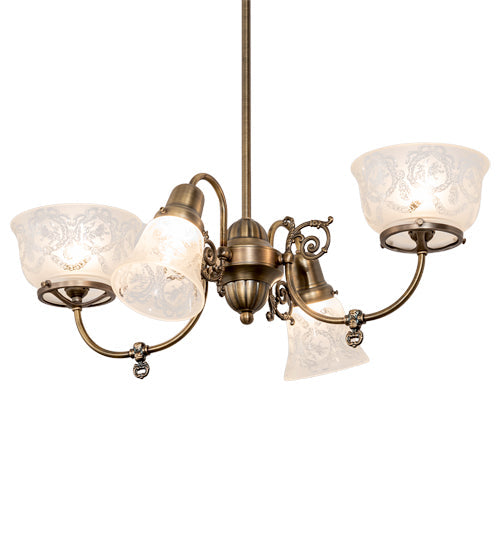 Meyda Lighting Revival 202105 27" 4-Light Antique Brass Gas & Electric Chandelier With Frosted Clear Shade Glass