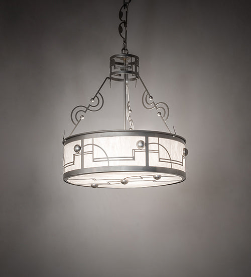 Meyda Lighting Revival 25" 4-Light Nickel Deco Cilindro Inverted Pendant Light With Angelwing Idalight Shade