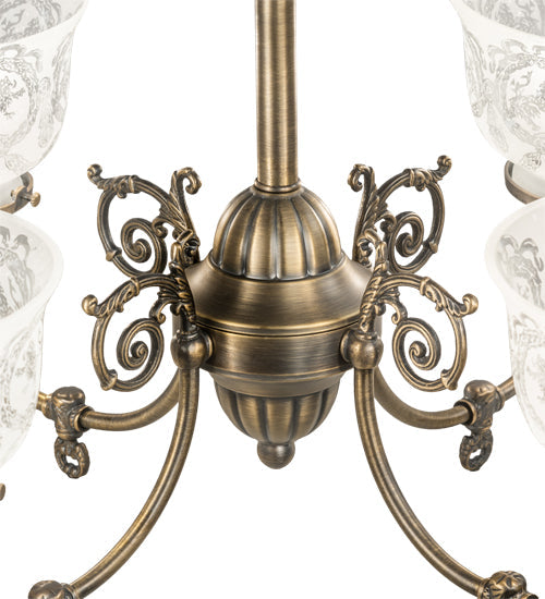 Meyda Lighting Revival 27" 4-Light Antique Brass Gas & Electric Chandelier With Frosted Clear Shade Glass