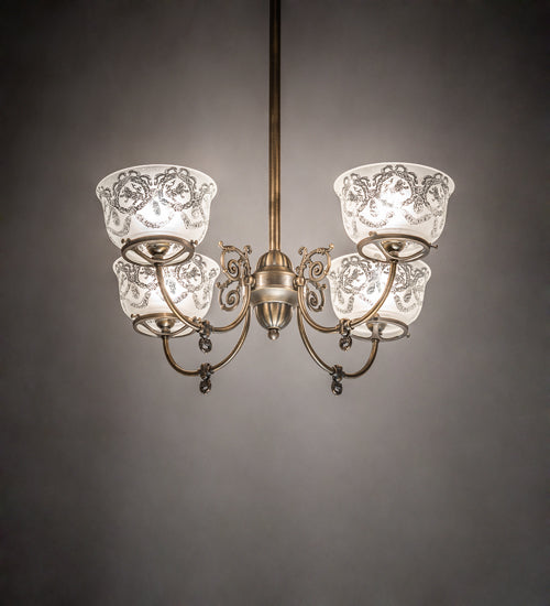Meyda Lighting Revival 27" 4-Light Antique Brass Gas & Electric Chandelier With Frosted Clear Shade Glass
