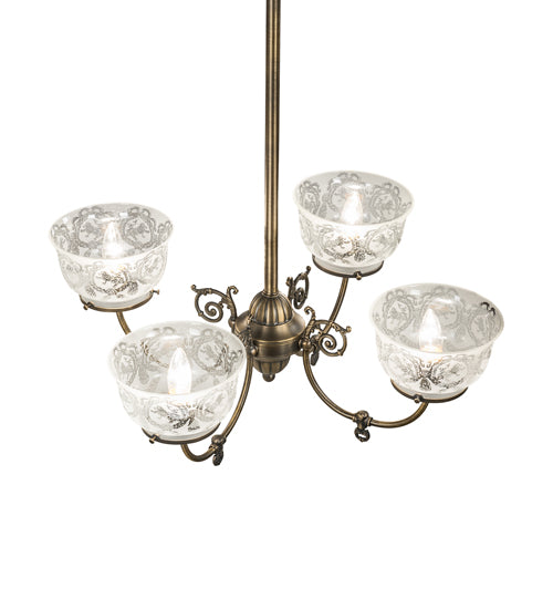 Meyda Lighting Revival 27" 4-Light Antique Brass Gas & Electric Chandelier With Frosted Clear Shade Glass