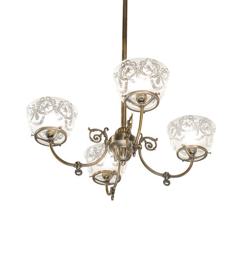 Meyda Lighting Revival 27" 4-Light Antique Brass Gas & Electric Chandelier With Frosted Clear Shade Glass
