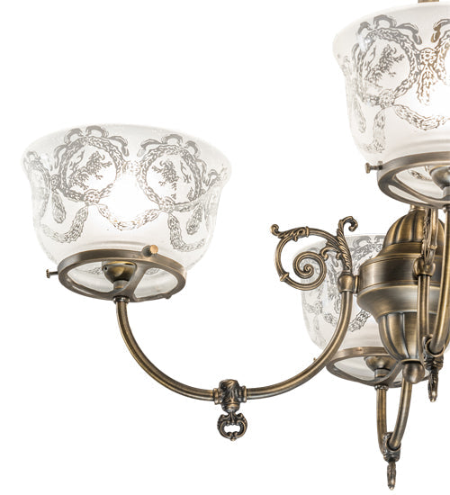 Meyda Lighting Revival 27" 4-Light Antique Brass Gas & Electric Chandelier With Frosted Clear Shade Glass