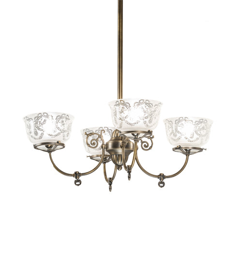 Meyda Lighting Revival 27" 4-Light Antique Brass Gas & Electric Chandelier With Frosted Clear Shade Glass
