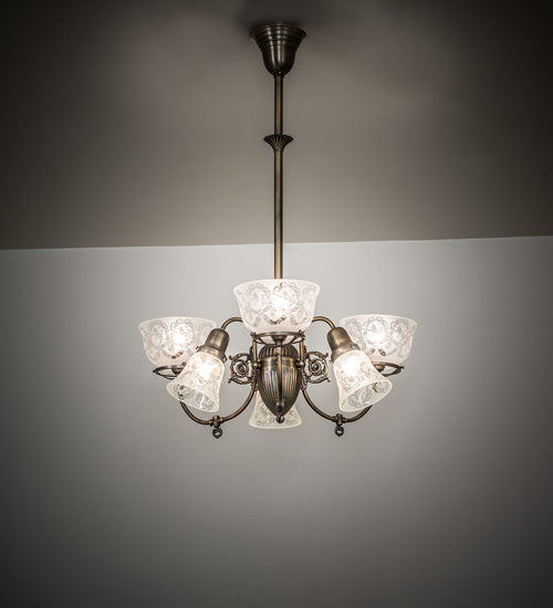 Meyda Lighting Revival 27" 6-Light Antique Brass Gas & Electric Chandelier With Clear Textured Shade Glass