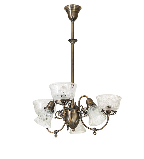 Meyda Lighting Revival 27" 6-Light Antique Brass Gas & Electric Chandelier With Clear Textured Shade Glass