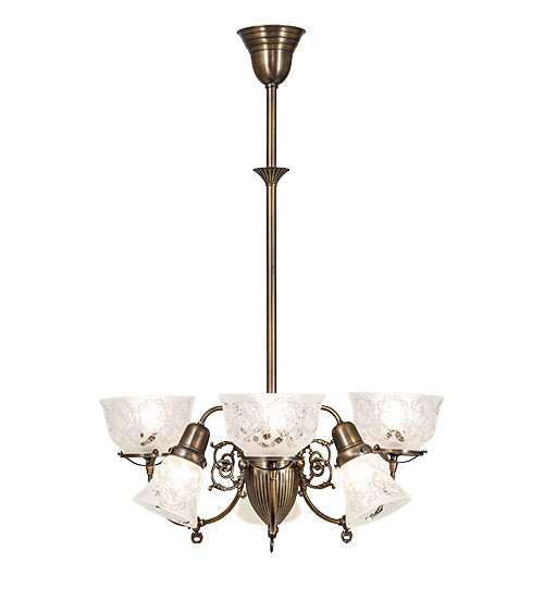 Meyda Lighting Revival 27" 6-Light Antique Brass Gas & Electric Chandelier With Clear Textured Shade Glass