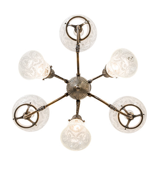 Meyda Lighting Revival 27" 6-Light Antique Brass Gas & Electric Chandelier With Clear Textured Shade Glass