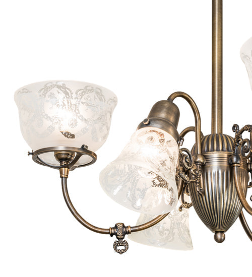 Meyda Lighting Revival 27" 6-Light Antique Brass Gas & Electric Chandelier With Clear Textured Shade Glass