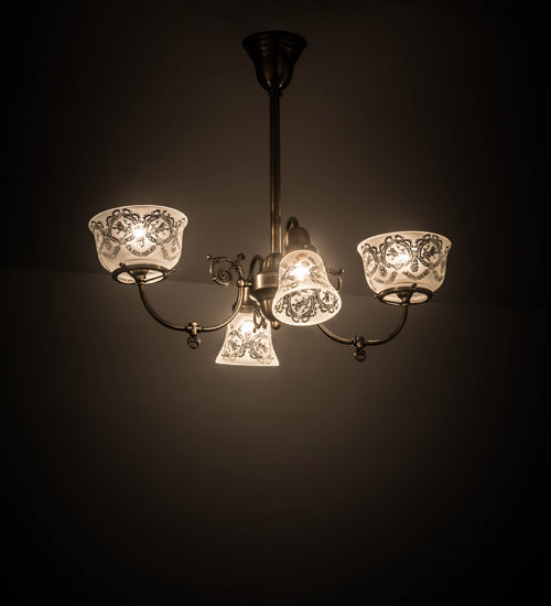 Meyda Lighting Revival 28" 4-Light Antique Brass Gas & Electric Chandelier With Clear Shade Glass