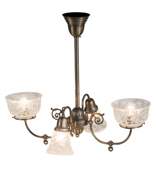 Meyda Lighting Revival 28" 4-Light Antique Brass Gas & Electric Chandelier With Clear Shade Glass