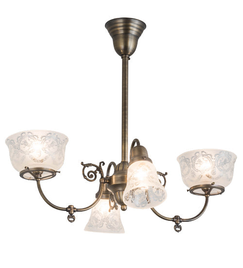Meyda Lighting Revival 28" 4-Light Antique Brass Gas & Electric Chandelier With Clear Shade Glass