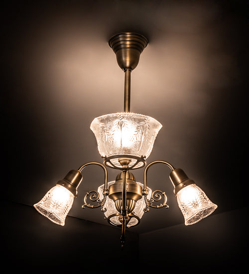 Meyda Lighting Revival 28" 4-Light Antique Brass Gas & Electric Island Chandelier With Clear Textured Shade Glass