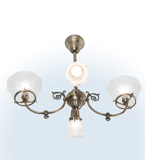 Meyda Lighting Revival 28" 4-Light Antique Brass Gas & Electric Island Chandelier With Clear Textured Shade Glass