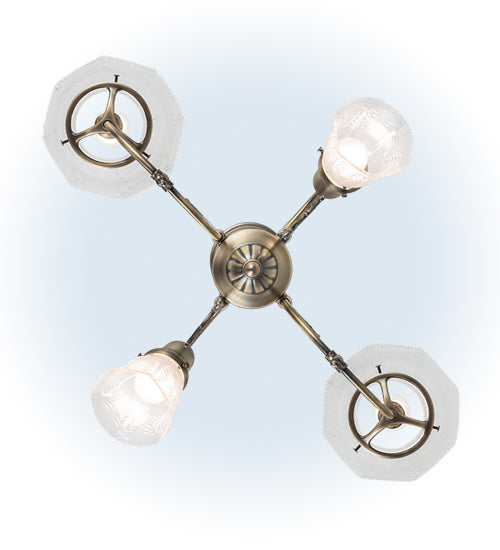 Meyda Lighting Revival 28" 4-Light Antique Brass Gas & Electric Island Chandelier With Clear Textured Shade Glass
