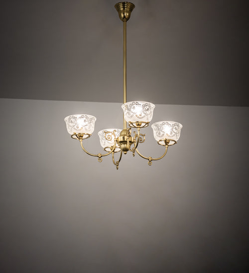 Meyda Lighting Revival 28" 4-Light Polished Brass Gas & Electric Chandelier With Clear Shade Glass