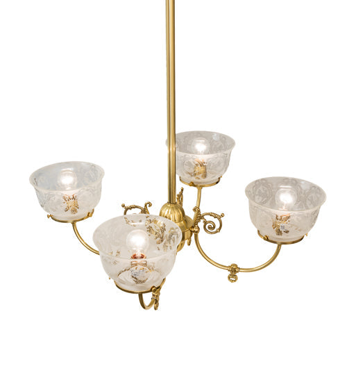 Meyda Lighting Revival 28" 4-Light Polished Brass Gas & Electric Chandelier With Clear Shade Glass