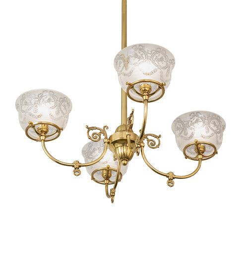 Meyda Lighting Revival 28" 4-Light Polished Brass Gas & Electric Chandelier With Clear Shade Glass