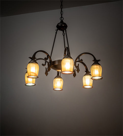 Meyda Lighting Revival 29" 6-Light Exterior Oil Rubbed Bronze Favrile Chandelier With Gold Iridescent Shade Glass