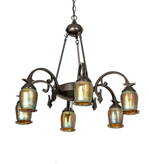 Meyda Lighting Revival 29" 6-Light Exterior Oil Rubbed Bronze Favrile Chandelier With Gold Iridescent Shade Glass