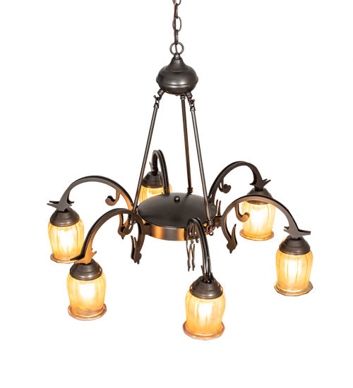 Meyda Lighting Revival 29" 6-Light Exterior Oil Rubbed Bronze Favrile Chandelier With Gold Iridescent Shade Glass