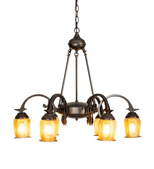 Meyda Lighting Revival 29" 6-Light Exterior Oil Rubbed Bronze Favrile Chandelier With Gold Iridescent Shade Glass